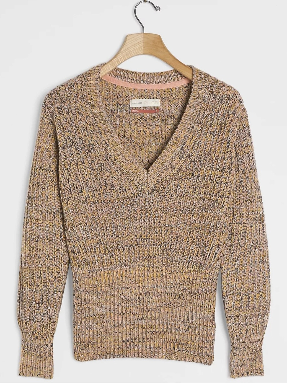Anthropologie Pilcro Wool V Neck Chunky Cable Knit Sweater Black & Tan XS Preppy